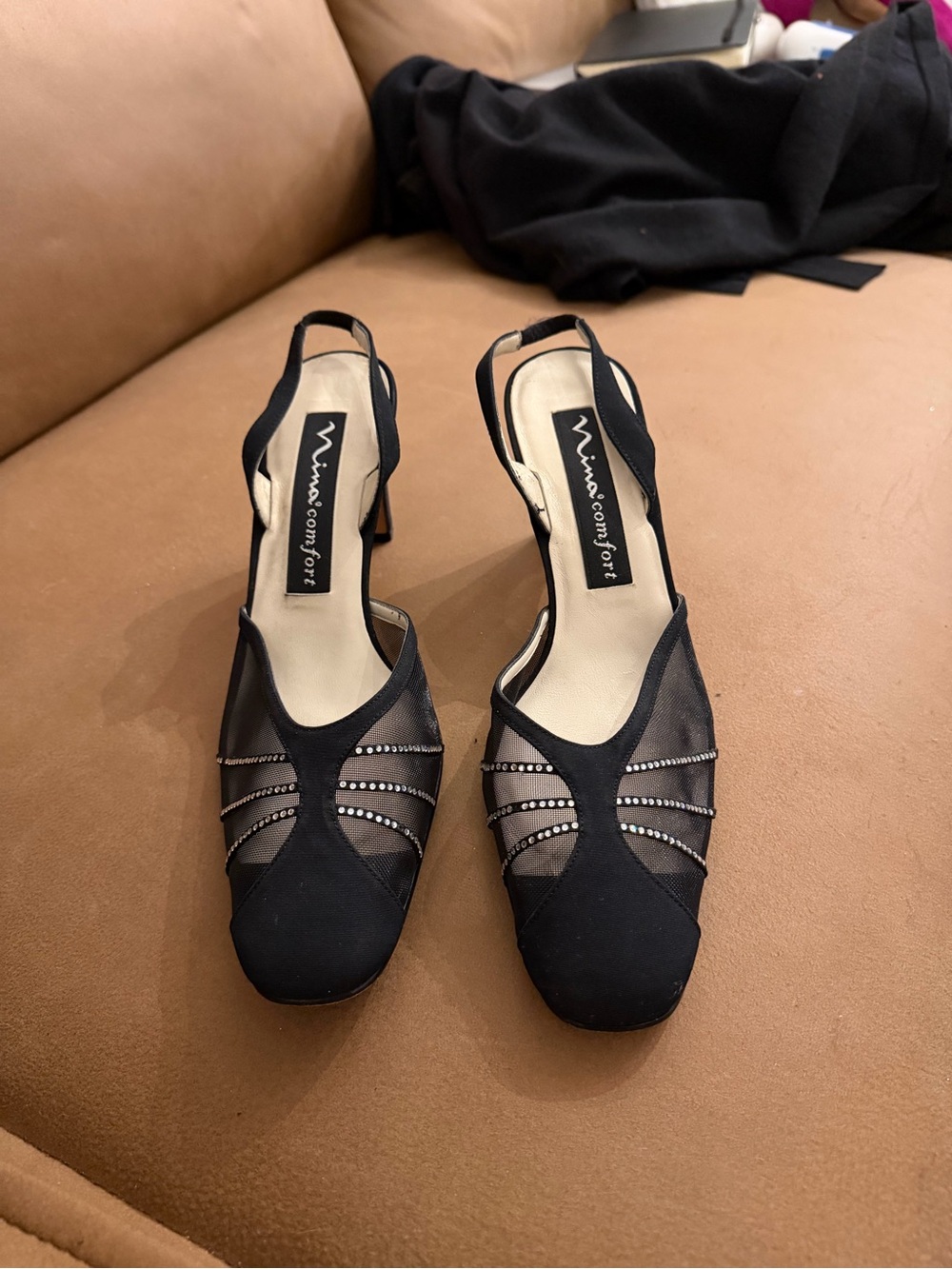 Nina Comfort Black Slingback Dress Heels with Rhinestone Accents